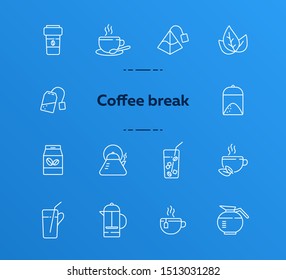 Coffee break line icon set. French press, tea pot, glass and straw. Drink concept. Can be used for topics like coffee shop, cafe menu, restaurant