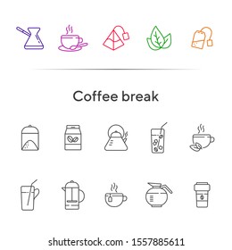 Coffee break line icon set. French press, tea pot, glass and straw. Drink concept. Can be used for topics like coffee shop, cafe menu, restaurant