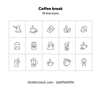 Coffee break line icon set. French press, tea pot, glass and straw. Drink concept. Can be used for topics like coffee shop, cafe menu, restaurant
