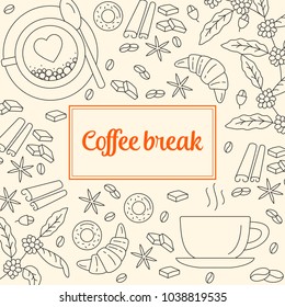 Coffee Break line icons background. Simple Set of Coffee and Tea Related Vector Line Icons. For restaurant menus, business cards, brand design, websites etc. Editable Stroke.