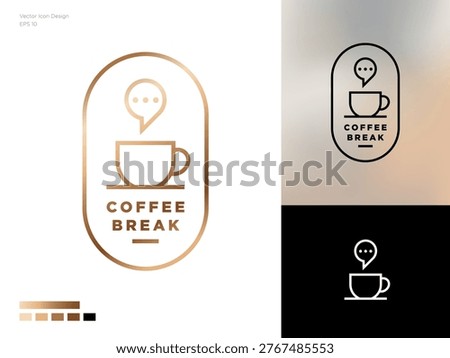 Coffee Break logo. Coffee cup and speech bubble in a rounded frame. Coffee chat icon.
