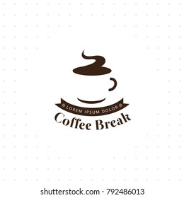 Coffee break logo. Vector logo for coffee shop. Coffee cup or tea silhouette isolated on white background. Retro vintage insignia or logotype. Vector logo template