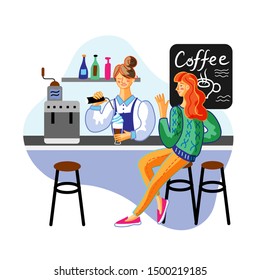 Coffee break, lunch flat vector illustration. Cheerful client and cafeteria employee cartoon characters. Girl sitting in chair, ordering drink. Barista occupation. Customer service, catering business