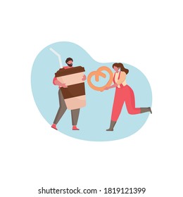 Coffee Break y almuerzo con gente pequeña. Copa de café y bagel. Ilustración vectorial para página de banner web, tarjeta, banner