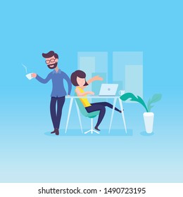 Coffee break, male and female characters in the office, flat style