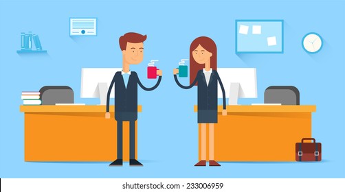 Coffee Break, Male And Female Characters In The Office, Flat Style  