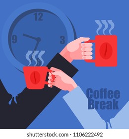 Coffee break. Male and female hands holding coffee cups. Wall clock on background. Vector illustration