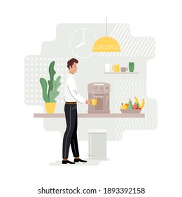 Coffee break. The man makes himself coffee. Flat vector illustration.