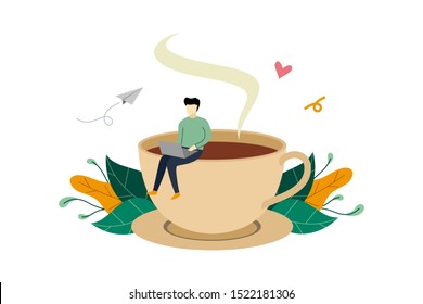 Coffee break, man sitting on huge coffee cup activity flat illustration vector template, suitable for background, banner, landing page, ui, ux, advertising illustration