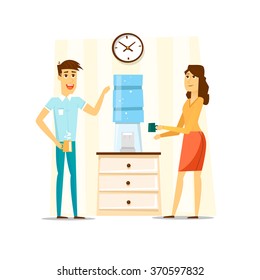 Coffee break, Man and woman drinking tea in an office. Flat vector illustration.
