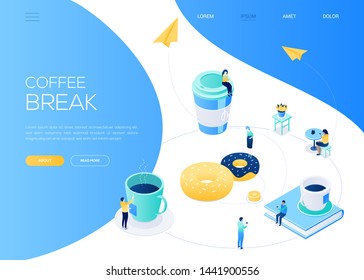 Coffee break - modern isometric vector web banner with copy space for text. A website header with business people, male, female workers, big cups, donuts, book, paper planes. Office life concept