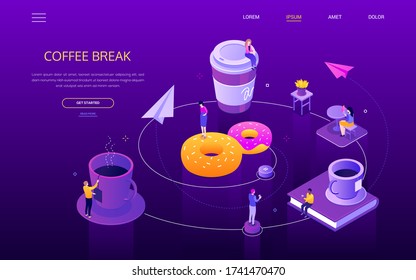 Coffee break - modern isometric vector web banner with copy space for text. A website header with business people having lunch. Big cups, donuts, book, paper planes images. Office life concept