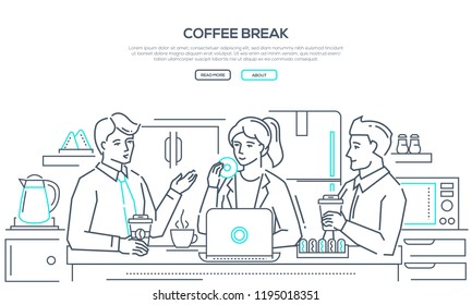 Coffee break - modern line design style banner on white background with copy space for your text. Business people, colleagues, staff having lunch, drinking, eating donuts in the office kitchen