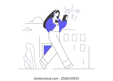 Coffee break. Morning Coffee on the way. Girl in headphones listening to music while walking. Woman has coffee in her hands. Flat Cartoon Vector Illustration, icon. Stylish abstract Blue 