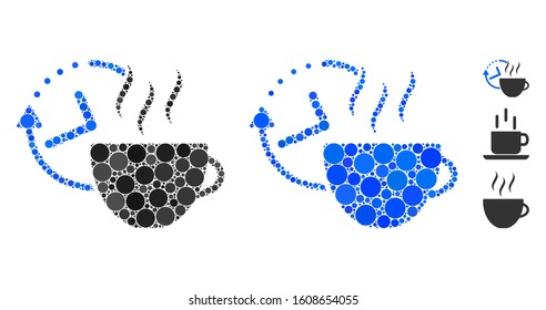 Coffee break mosaic of filled circles in various sizes and color tints, based on coffee break icon. Vector filled circles are organized into blue illustration.