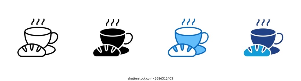Vector de diseño de íconos de estilo múltiple: taza humeante con pan, que representa el desayuno, las bebidas calientes y la rutina matutina