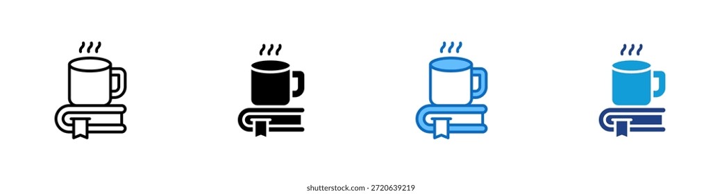Vector de diseño de íconos de estilo múltiple: taza de café caliente colocada en dos libros apilados, que simboliza la relajación, el estudio y el equilibrio entre el trabajo y la vida privada