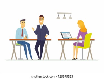 Coffee break in the offce - modern cartoon people characters illustration. A sitting woman checks her emails at the computer, two smiling men talk, drink, have a good time. Concept of teamwork