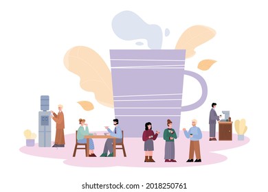 Coffee Break in office banner design with cartoon people drinking beverages and chatting during business break, cartoon vector illustration isolated on white background.