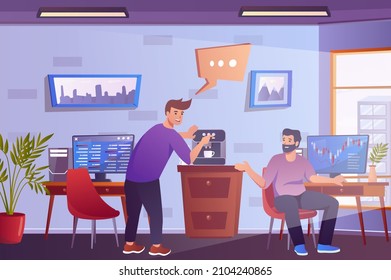 Coffee break in office concept in flat cartoon design. Colleagues making coffee, drinking beverages and discuss work tasks. Male employees communicate. Vector illustration with people scene background