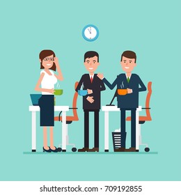 Coffee break in office. Vector flat illustration of employees with cups in hands, who drinking coffee and talk. Simple concept with the working situation.