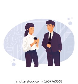 Coffee break in office work concept, business teamwork communication, woman and man talking each other, flat vector illustration