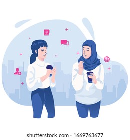 Coffee break in office work concept, business teamwork communication, woman and man talking each other, flat vector illustration