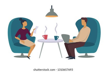 Coffee break office workers drinking hot beverage vector woman with paper and man with laptop on armchairs and steaming cups on table cafe or cafeteria furniture business and entrepreneurship.