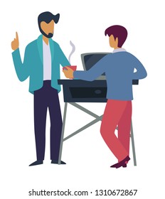 Coffee break office workers talk at table with laptop vector businessmen discussing business work or job boss and employee order or task steaming cup or mug colleagues isolated male characters.