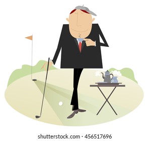 Coffee break on the golf course. Man has a cup of coffee on the golf course
