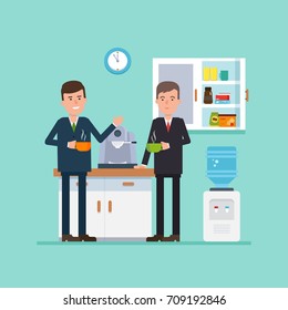 Coffee Break On Office Kitchen. Vector Flat Illustration With Two Colleagues With Cups In Hands Near The Coffee Machine. Simple Concept With The Working Situation.