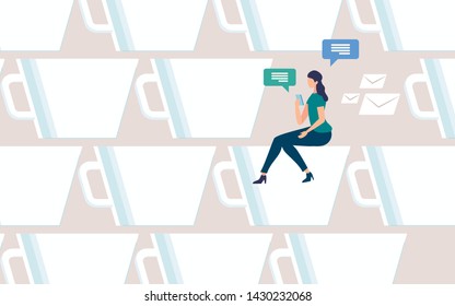 Coffee Break on Work Flat Vector Concept. Woman Siting on Coffee Cup with Cellphone in Hand, Chatting Online, Messaging with Mobile Phone App, Communicating with Friends in Social Network Illustration