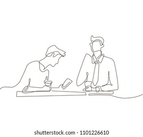 Coffee break - one line design style illustration isolated on white background. Composition with businessmen sitting at the table, drinking tea, checking smartphones