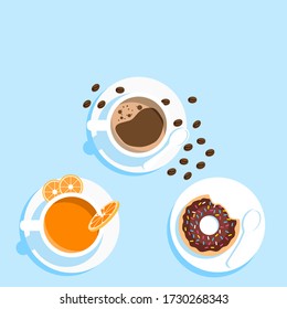 Coffee break with orange juice and donut. vector design background 