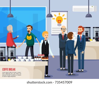 Coffee break orthogonal flat composition with office staff, waiter near table with cups and dessert vector illustration