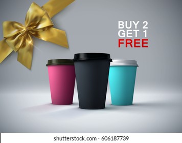 Coffee Break. Paper Coffee Cups Mockup With Golden Bow. Vector Realistic 3d Illustration. Package Mock-up Design For Branding Or Ads. Buy 2 Get 1 Free Promotional Offer.