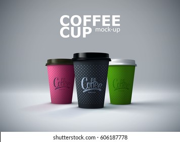 Coffee break. Paper coffee cups mockup. Vector realistic 3d illustration. Package mock-up design for branding or ads.