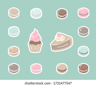 Coffee break party elements set. Different fillings macaroons, cupcake, piece of cake isolated on a mint background. Beige and pastel mint colors. Great for t-shirt print, branding, sticker, logo