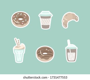 Coffee break party elements set. Sweets, croissant, donut, coffee cup, cappuccino mug isolated on a mint background. Beige and pastel mint colors. Great for t-shirt print, branding, sticker, logo