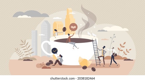 Coffee break and pause from work with hot cafe drink tiny person concept. Time for relaxation with business colleagues and espresso vector illustration. Fresh brewed aromatic beans in the morning.