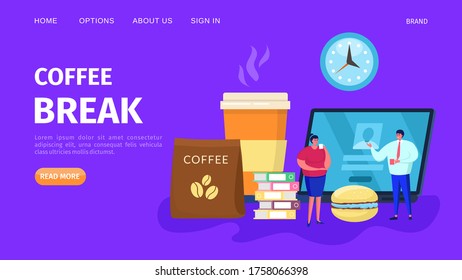 Concepto de corte de café, ilustración vectorial. Personaje de mujer empresaria con taza, beba con pancarta de fondo. Página web de diseño de trabajo de Office, sitio web de aterrizaje de plantillas de tiempo para relajarse.