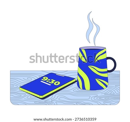Coffee break with phone aside 2D cartoon object. Morning routine. Steaming coffeecup next to smartphone showing time on table isolated element flat vector clip art on white. Spot illustration