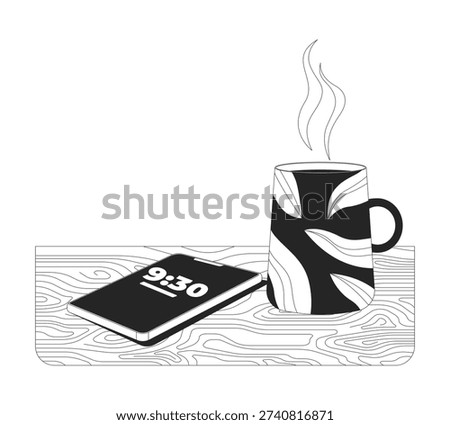 Coffee break with phone aside 2D line object. Morning routine. Steaming coffeecup next to smartphone showing time on table isolated clipart vector ink outline item. Monochrome spot illustration