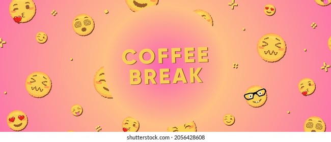Coffee Break pixel art emoji background. Funny 8 bit video game style background with yellow pixel art emoji face. Streamer screensaver or decorative background. Pink Round shape for text and slimes.