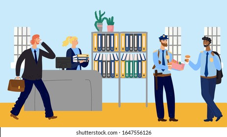 Coffee break at police station, officers eating doughnuts, vector illustration. Secretary in police department sorting folders while policemen in uniform drink coffee. Smiling cartoon characters