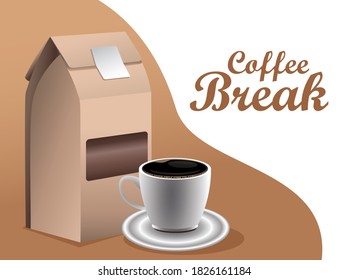 coffee break poster with cup and box packing vector illustration design