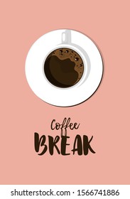 Coffee break poster, flyer, advertisement, menu for cafe, coffee shop, restaurant. Minimalist design in flat cartoon style. Top view / flatlay. Also greeting card or other backfound template