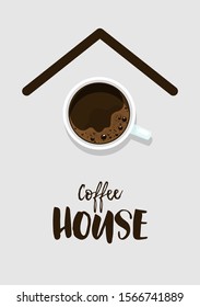 Coffee break poster, flyer, advertisement, menu for cafe, coffee shop, restaurant. Minimalist design in flat cartoon style. Top view / flatlay. Also greeting card or other backfound template