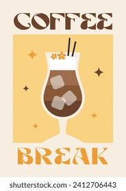 Coffee break poster. Coffee with milk, latte, cappuccino, americano, flat white. Colorful wall art. Retro posters with drink. Modern trendy print. Cute design. Vector illustration
