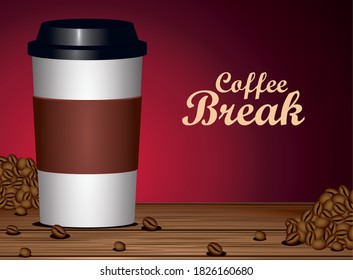 coffee break poster with plastic pot and seeds in wooden table vector illustration design